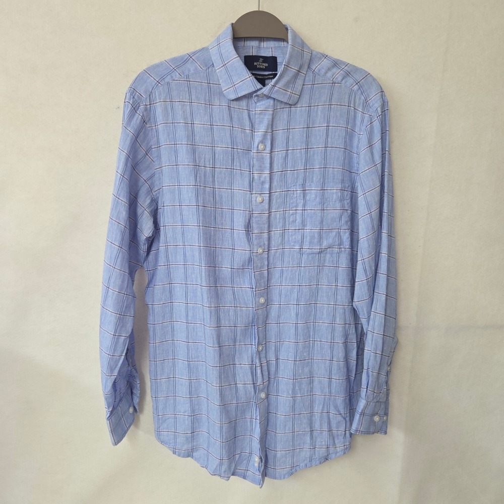 Buttoned Down Linen Shirt Mens‎ Classic Fit Long Sleeve Plaid Shirt Blue Medium